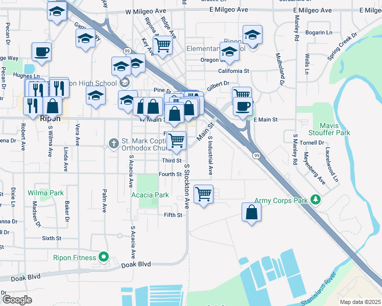 map of restaurants, bars, coffee shops, grocery stores, and more near 320 South Stockton Avenue in Ripon