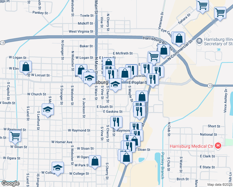 map of restaurants, bars, coffee shops, grocery stores, and more near 301-399 E Church St in Harrisburg