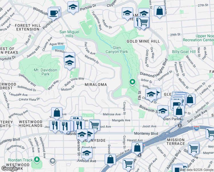 map of restaurants, bars, coffee shops, grocery stores, and more near 41 Valletta Court in San Francisco