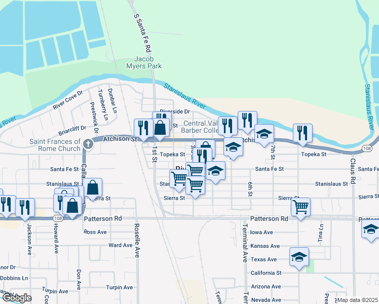 map of restaurants, bars, coffee shops, grocery stores, and more near 6807 3rd Street in Riverbank