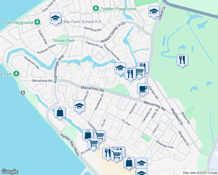 map of restaurants, bars, coffee shops, grocery stores, and more near 217 Lagunaria Lane in Alameda