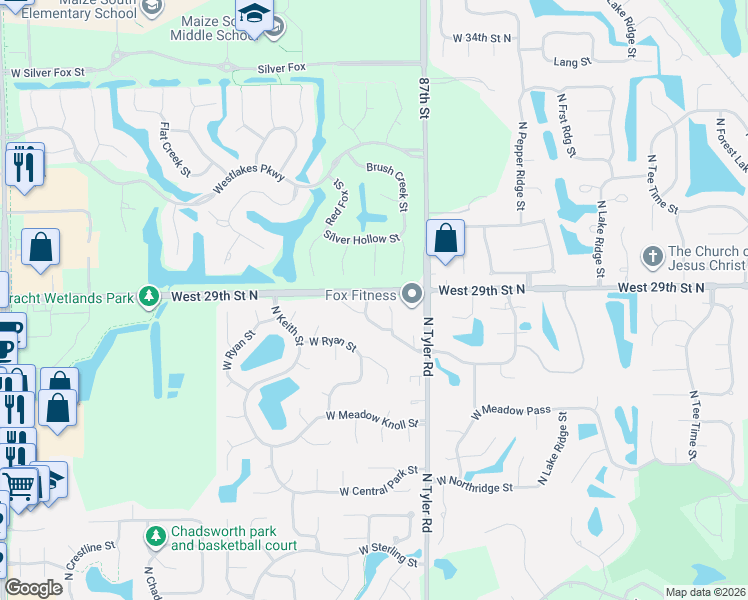 map of restaurants, bars, coffee shops, grocery stores, and more near 9026 West Meadow Park in Wichita