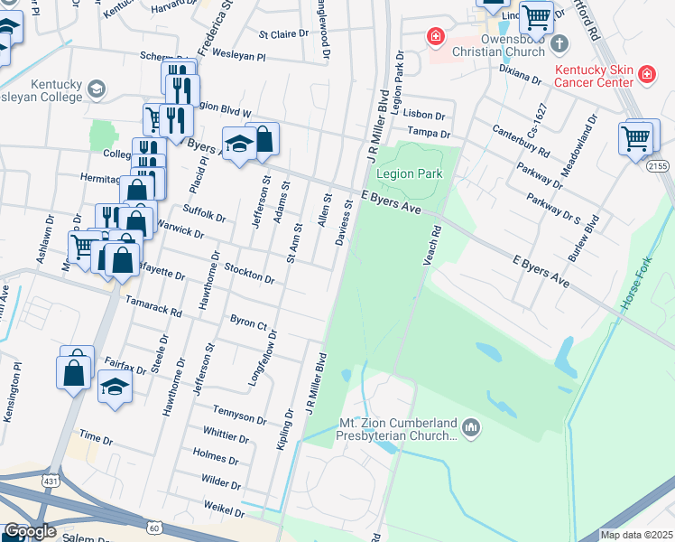 map of restaurants, bars, coffee shops, grocery stores, and more near J R Miller Boulevard in Owensboro