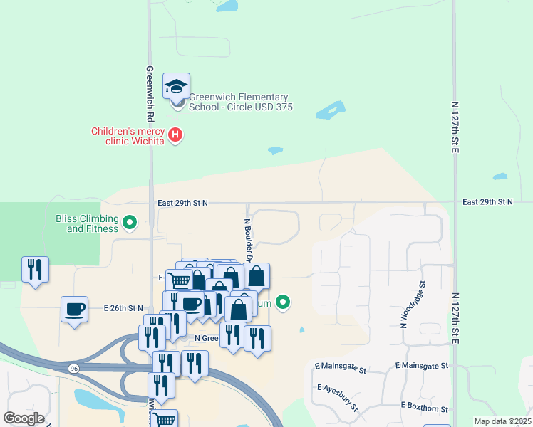 map of restaurants, bars, coffee shops, grocery stores, and more near 11637 East Gemstone Lane in Wichita