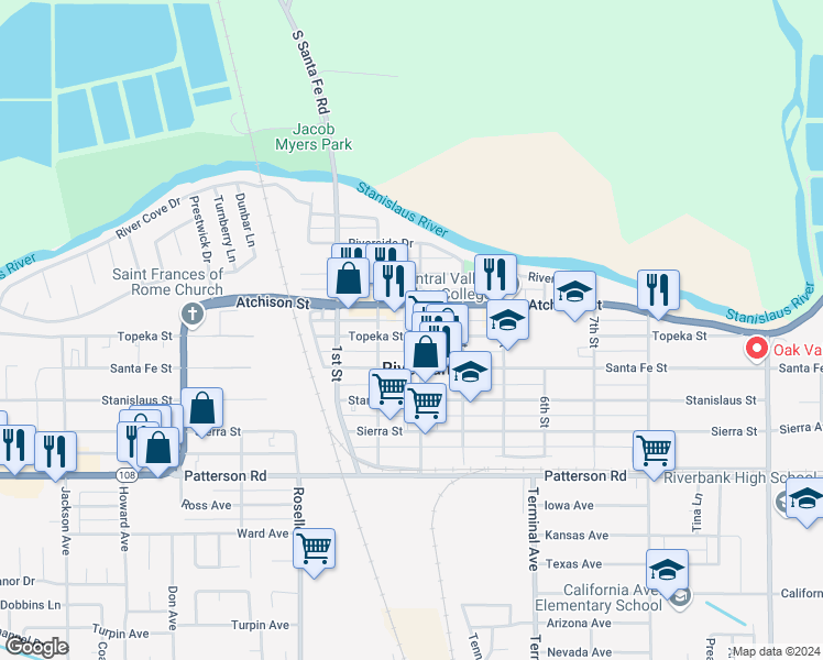 map of restaurants, bars, coffee shops, grocery stores, and more near 6807 3rd Street in Riverbank