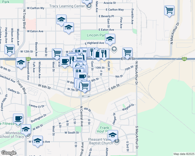 map of restaurants, bars, coffee shops, grocery stores, and more near 105 East 8th Street in Tracy