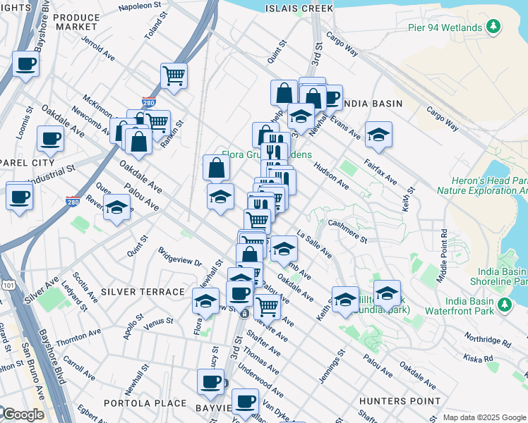 map of restaurants, bars, coffee shops, grocery stores, and more near 1696 McKinnon Avenue in San Francisco