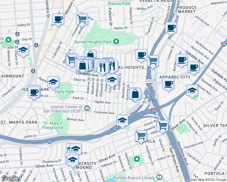 map of restaurants, bars, coffee shops, grocery stores, and more near 4000 Folsom Street in San Francisco
