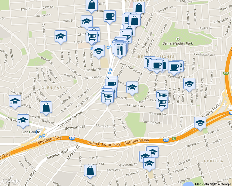 map of restaurants, bars, coffee shops, grocery stores, and more near 3717 Mission Street in San Francisco