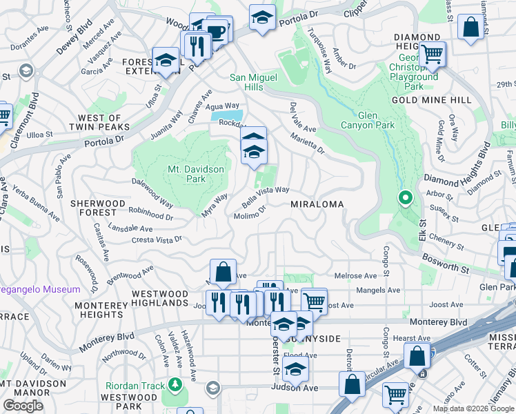 map of restaurants, bars, coffee shops, grocery stores, and more near 209 Molimo Drive in San Francisco