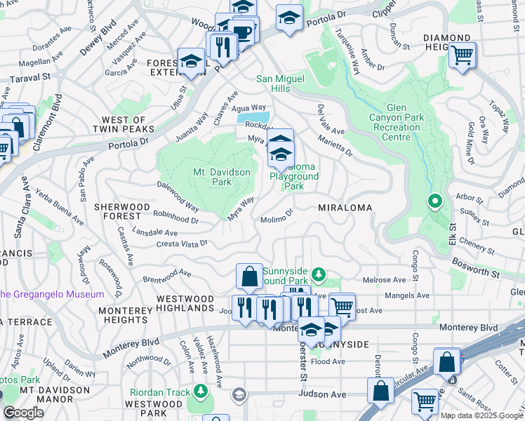 map of restaurants, bars, coffee shops, grocery stores, and more near 283 Bella Vista Way in San Francisco