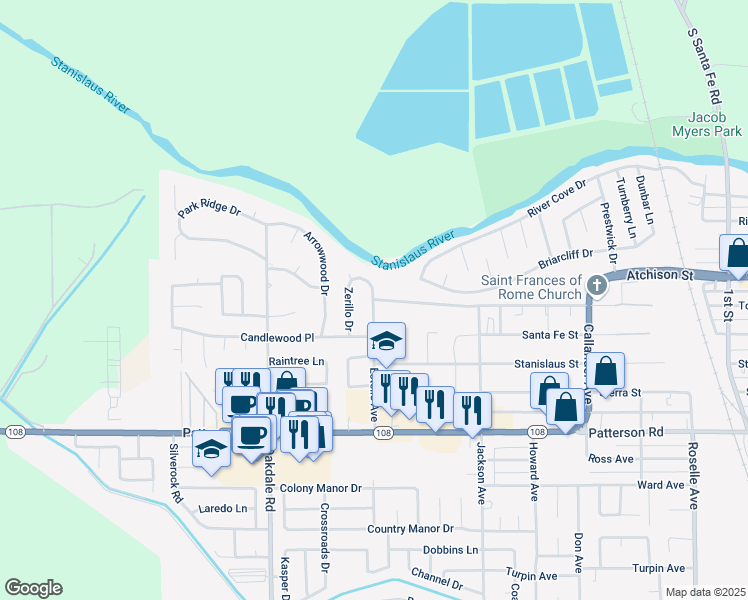 map of restaurants, bars, coffee shops, grocery stores, and more near 6798 Estelle Avenue in Riverbank