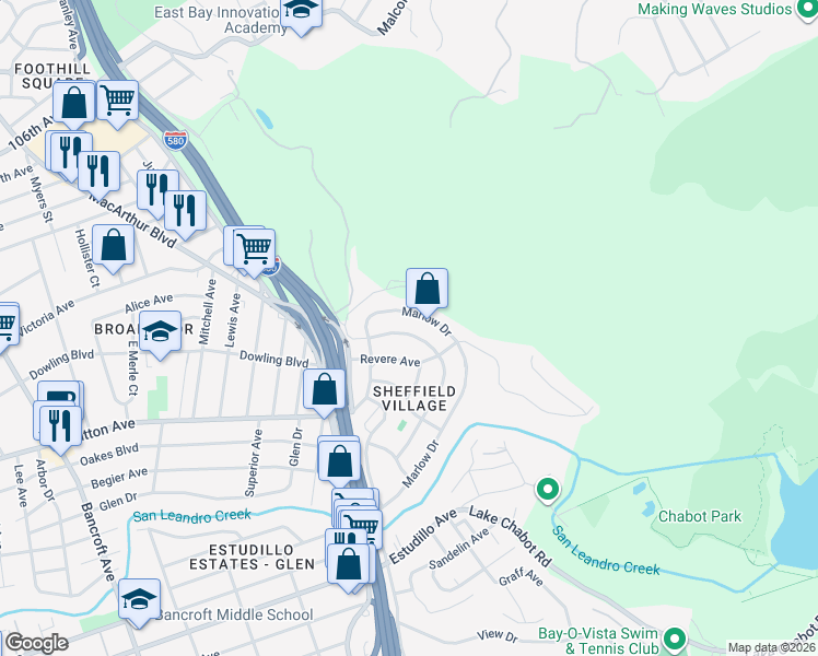map of restaurants, bars, coffee shops, grocery stores, and more near 147 Covington Street in Oakland