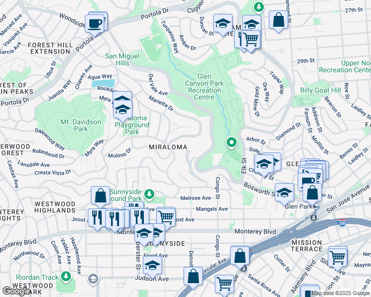 map of restaurants, bars, coffee shops, grocery stores, and more near 41 Valletta Court in San Francisco