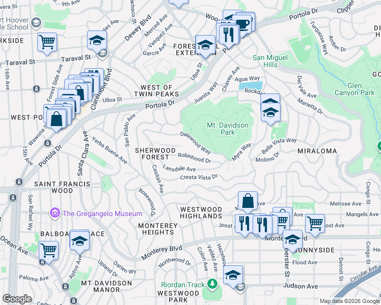 map of restaurants, bars, coffee shops, grocery stores, and more near 105 Robinhood Drive in San Francisco