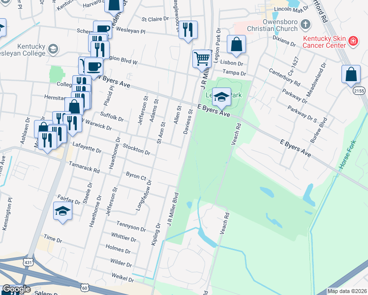 map of restaurants, bars, coffee shops, grocery stores, and more near 3506 Daviess Street in Owensboro