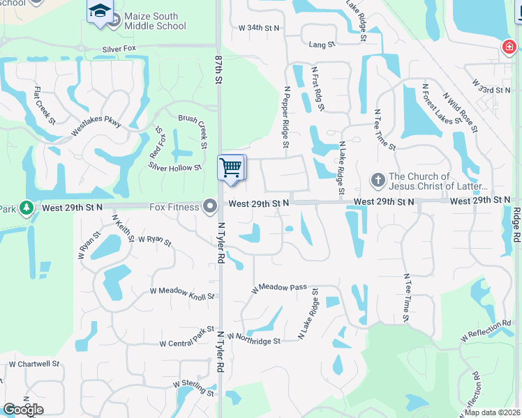 map of restaurants, bars, coffee shops, grocery stores, and more near 2953 Pepper Ridge Court in Wichita