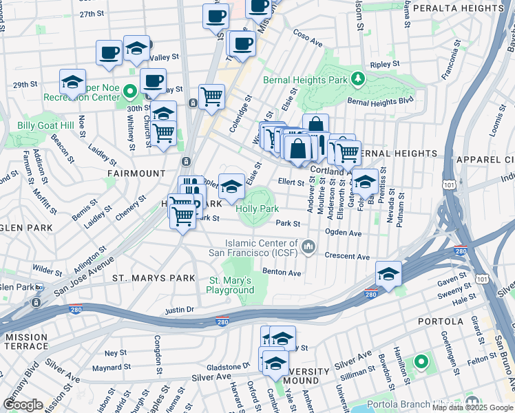 map of restaurants, bars, coffee shops, grocery stores, and more near 625 Holly Park Circle in San Francisco
