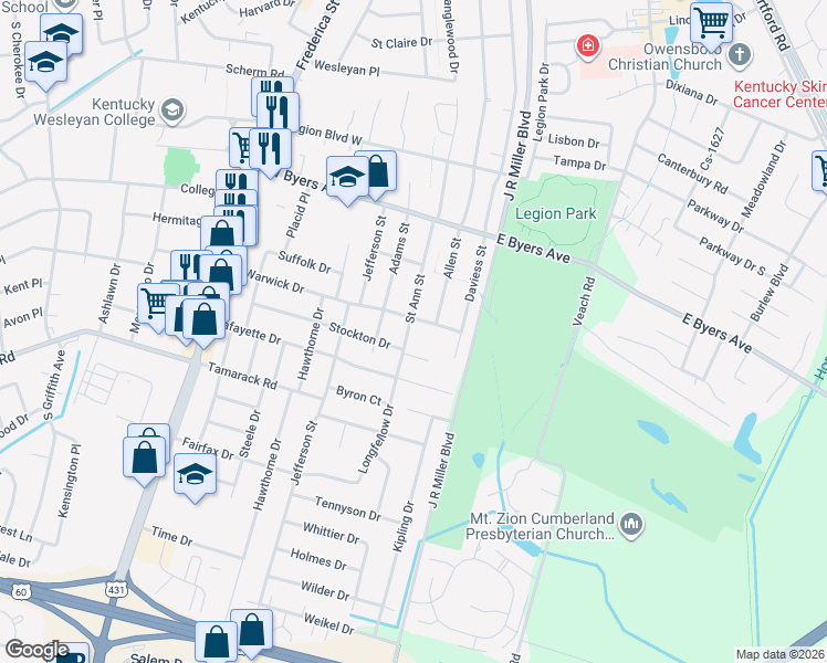 map of restaurants, bars, coffee shops, grocery stores, and more near 3511 Cs-1693 in Owensboro