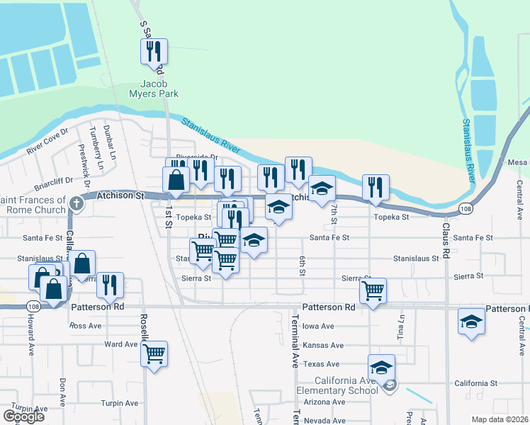 map of restaurants, bars, coffee shops, grocery stores, and more near 3425 Topeka Street in Riverbank