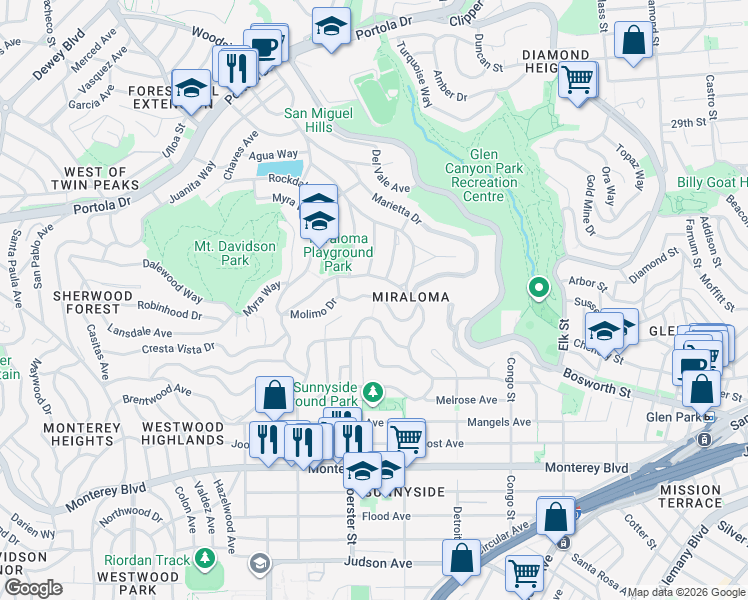 map of restaurants, bars, coffee shops, grocery stores, and more near 101 Molimo Drive in San Francisco