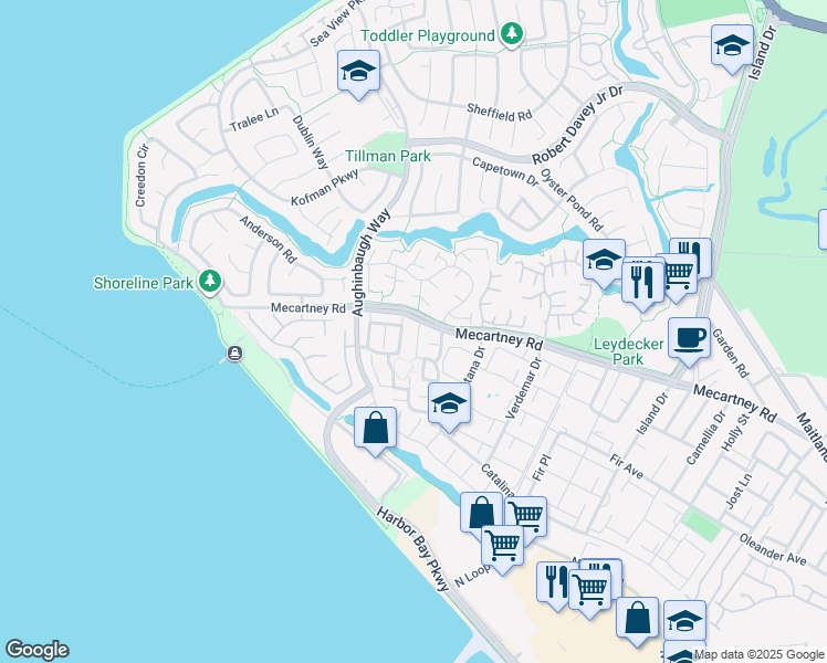 map of restaurants, bars, coffee shops, grocery stores, and more near Leonard Court in Alameda