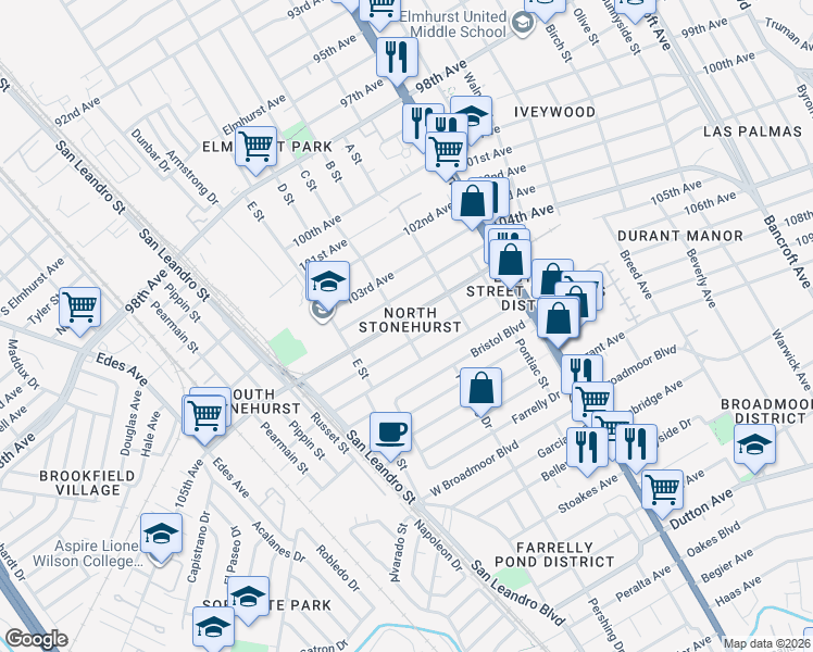 map of restaurants, bars, coffee shops, grocery stores, and more near 1097 106th Avenue in Oakland