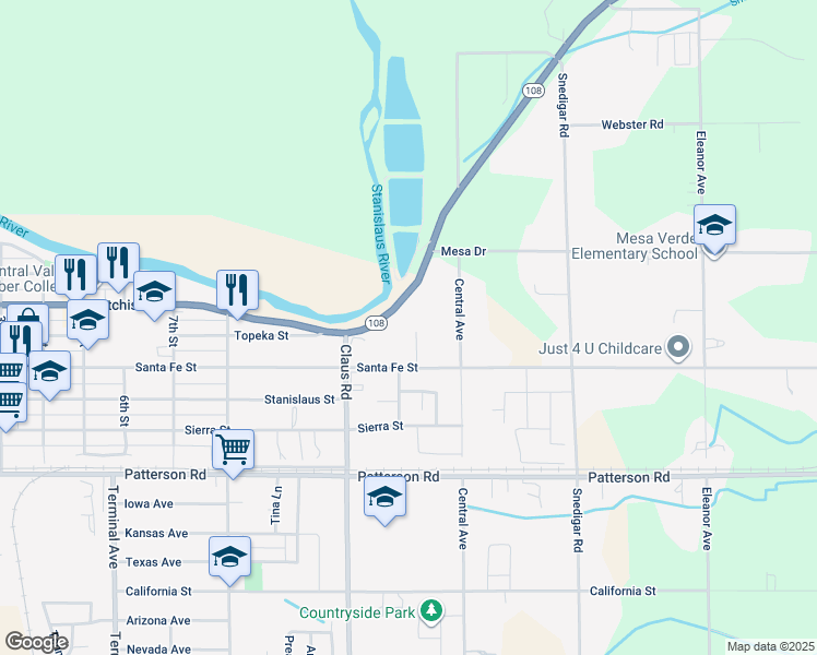 map of restaurants, bars, coffee shops, grocery stores, and more near 4143 Santa Fe Street in Riverbank