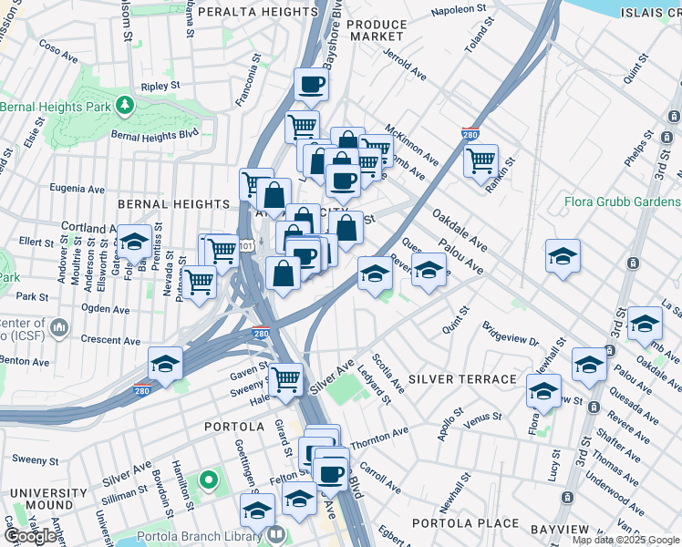 map of restaurants, bars, coffee shops, grocery stores, and more near 2251-2259 Thomas Avenue in San Francisco