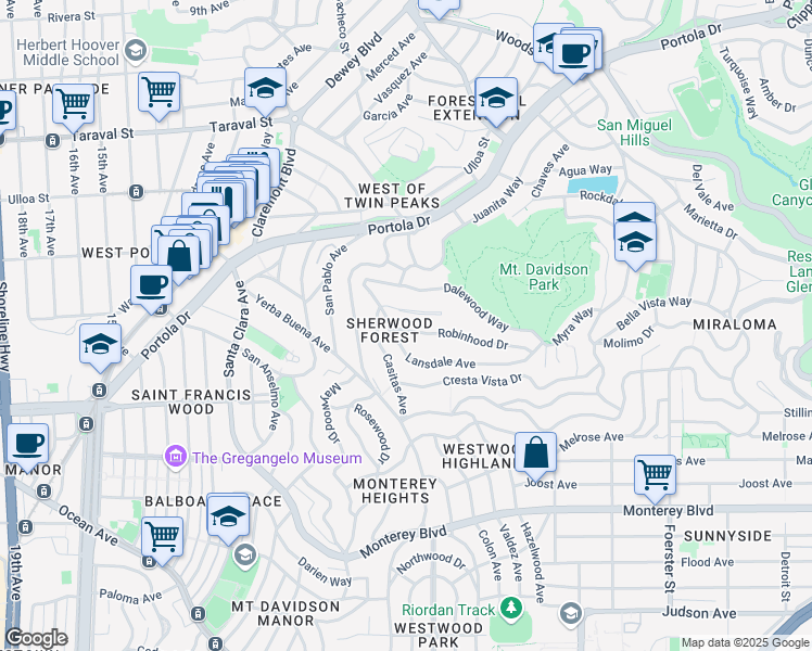 map of restaurants, bars, coffee shops, grocery stores, and more near 23 Robinhood Drive in San Francisco