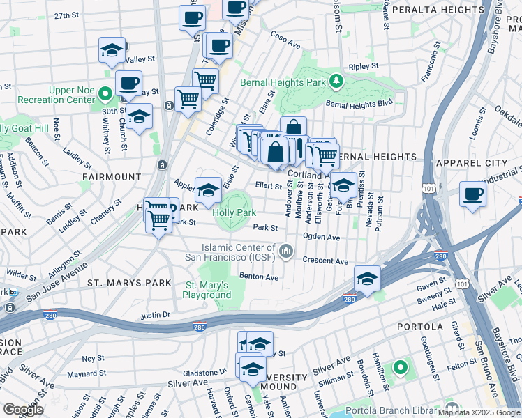 map of restaurants, bars, coffee shops, grocery stores, and more near 340 Highland Avenue in San Francisco