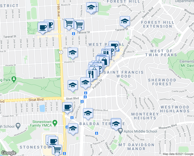 map of restaurants, bars, coffee shops, grocery stores, and more near in San Francisco
