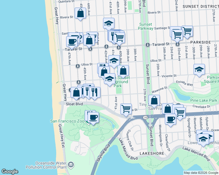 map of restaurants, bars, coffee shops, grocery stores, and more near 2663 42nd Avenue in San Francisco
