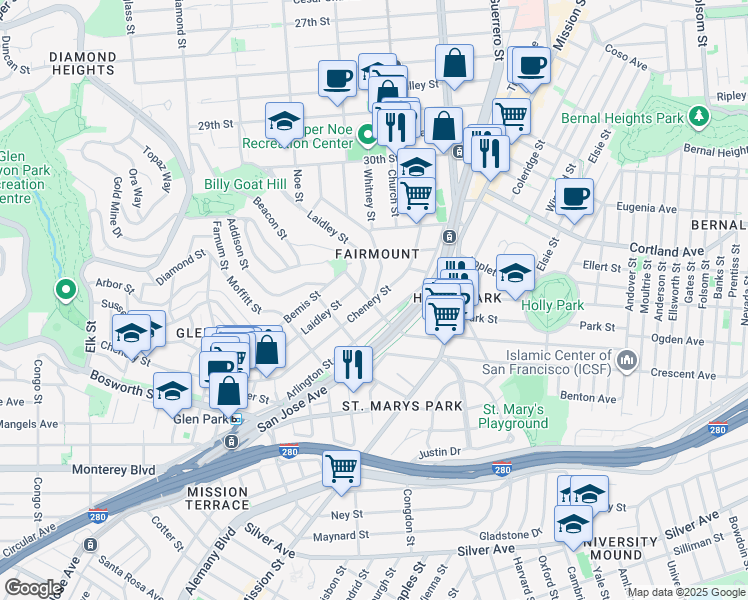 map of restaurants, bars, coffee shops, grocery stores, and more near Chenery St & Whitney St in San Francisco