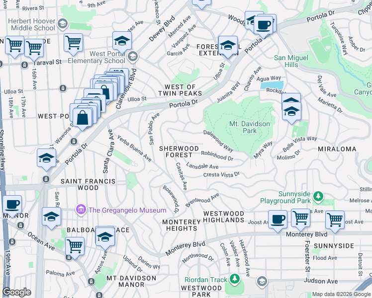 map of restaurants, bars, coffee shops, grocery stores, and more near 240 Lansdale Avenue in San Francisco