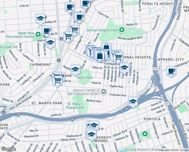 map of restaurants, bars, coffee shops, grocery stores, and more near 340 Highland Avenue in San Francisco