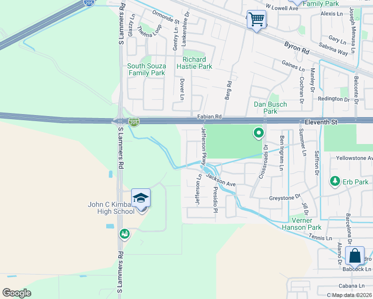 map of restaurants, bars, coffee shops, grocery stores, and more near Kennedy Place in Tracy
