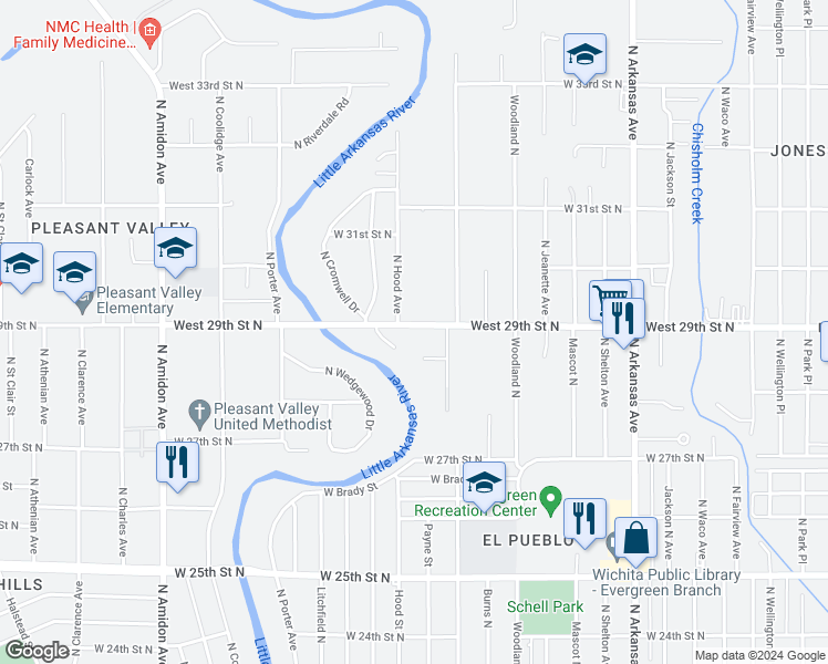 map of restaurants, bars, coffee shops, grocery stores, and more near 1049 West 29th Street North in Wichita