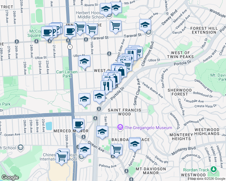 map of restaurants, bars, coffee shops, grocery stores, and more near 1538 Portola Drive in San Francisco