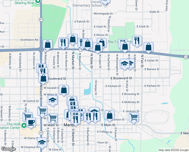 map of restaurants, bars, coffee shops, grocery stores, and more near 302 East Boulevard Street in Marion
