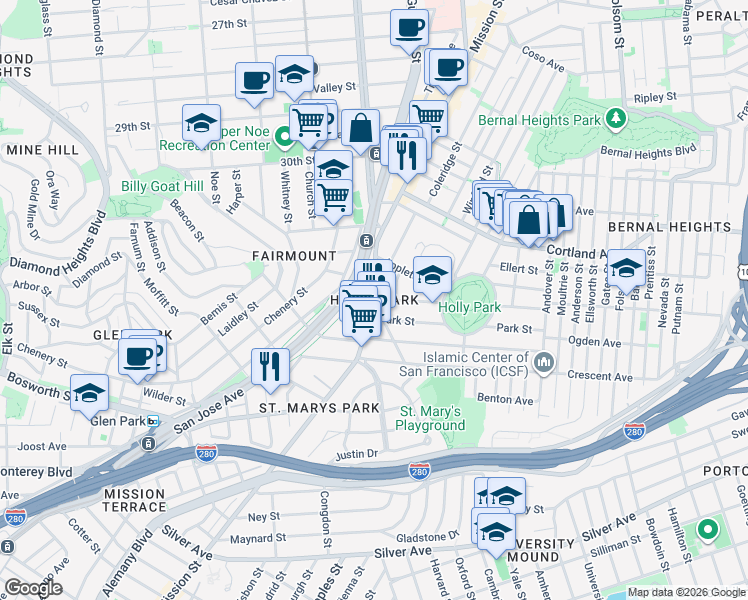 map of restaurants, bars, coffee shops, grocery stores, and more near Mission Street & Highland Avenue in San Francisco
