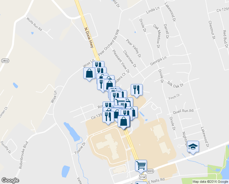 map of restaurants, bars, coffee shops, grocery stores, and more near Wippletree Court in Elizabethtown