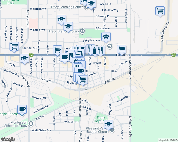 map of restaurants, bars, coffee shops, grocery stores, and more near 90 West 9th Street in Tracy