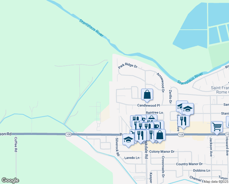 map of restaurants, bars, coffee shops, grocery stores, and more near 6725 Woodhaven Place in Riverbank