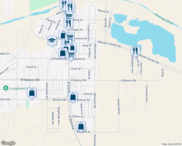 map of restaurants, bars, coffee shops, grocery stores, and more near Clark Avenue in Dodge City