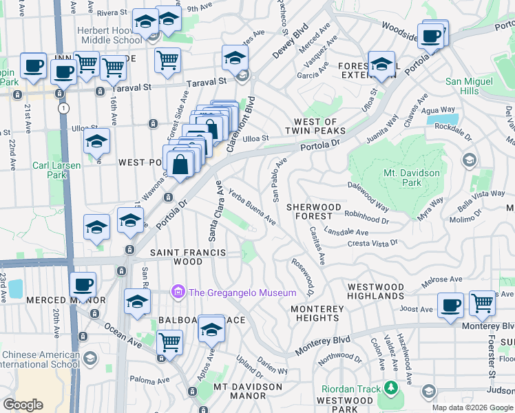 map of restaurants, bars, coffee shops, grocery stores, and more near 107 Yerba Buena Avenue in San Francisco