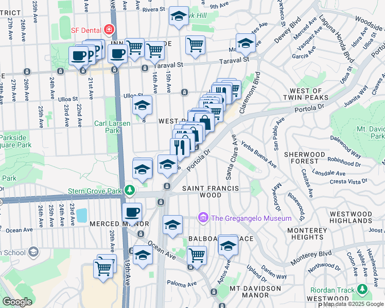 map of restaurants, bars, coffee shops, grocery stores, and more near 1538 Portola Drive in San Francisco