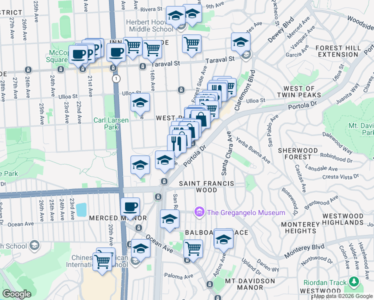 map of restaurants, bars, coffee shops, grocery stores, and more near 1538 Portola Drive in San Francisco