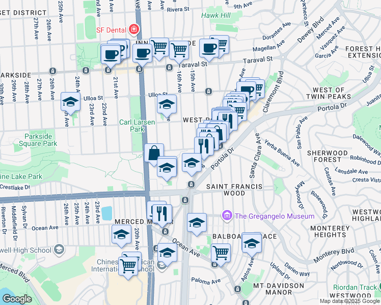 map of restaurants, bars, coffee shops, grocery stores, and more near 445 Wawona Street in San Francisco
