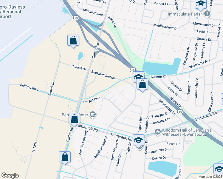 map of restaurants, bars, coffee shops, grocery stores, and more near 2535 Obryan Boulevard in Owensboro